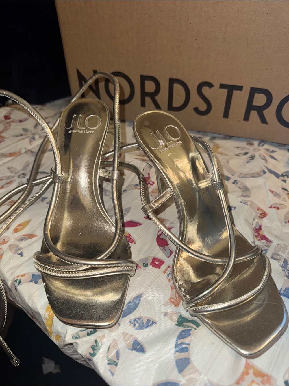 JLO Metallic Silver Strappy Lace-Up Heels Brand New